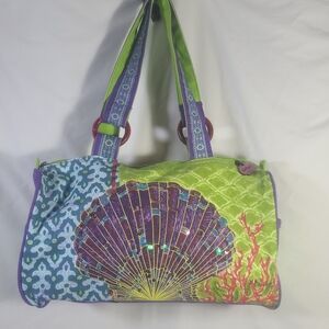Paul Brent Fantasea Tropical Purple Lime Green Sea Shell Tote Bag Purse
